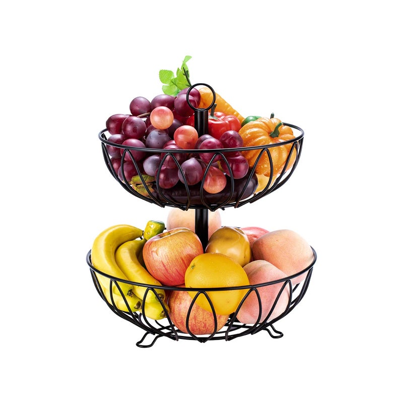 Rice rat Fruit Stand Vegetables Basket Counter Top Fruit Basket Bowl Storage for Kitchen Home Metal Cast Iron (2 Tier-Black) - Image 1
